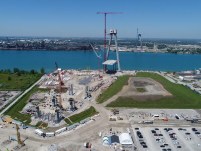 Aerial view of Gordie Howe International Bridge construction project