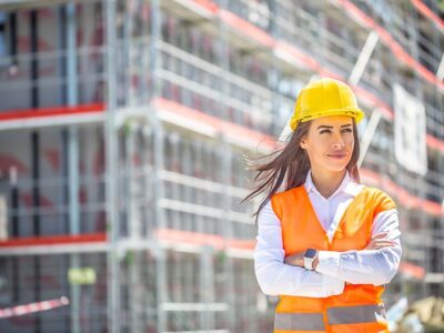 Woman in PPE on construction site.
