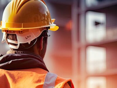 Construction worker looking at building structures.