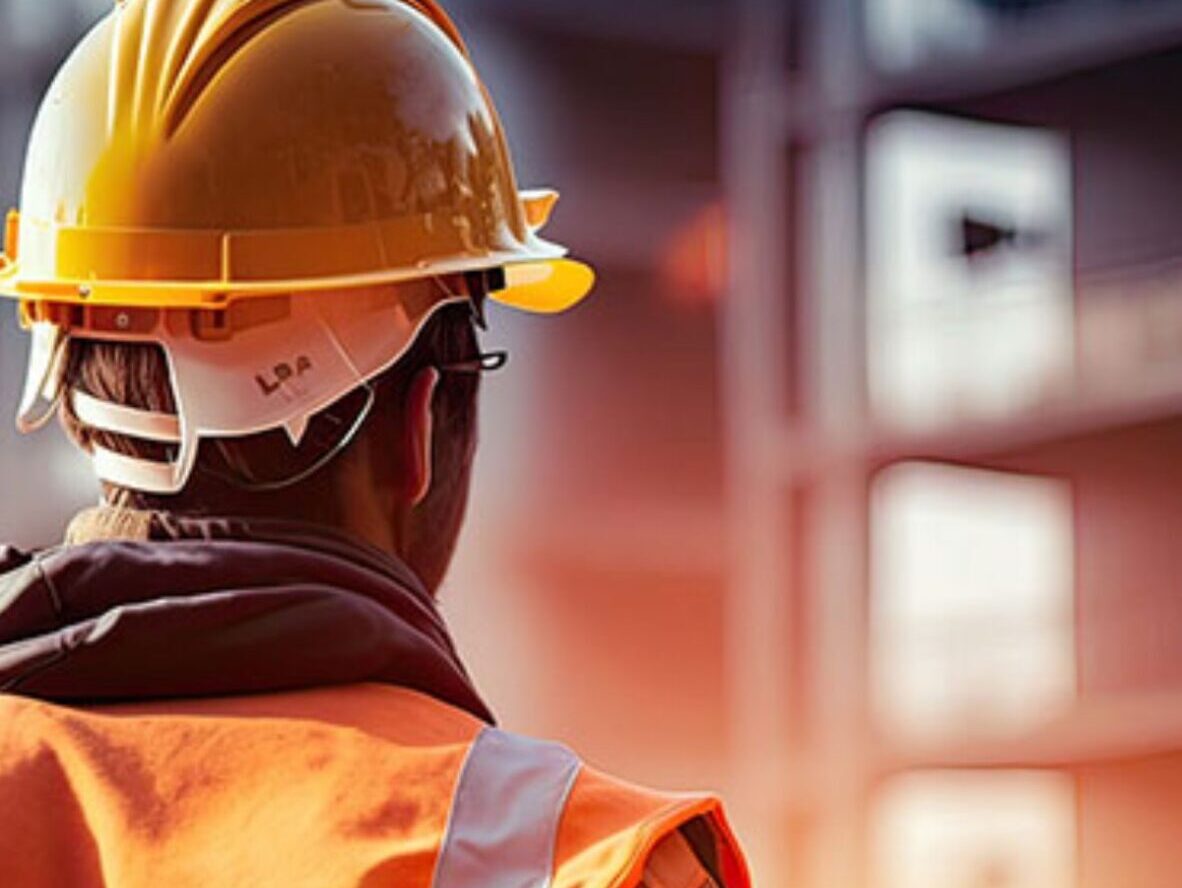 Construction worker looking at building structures.