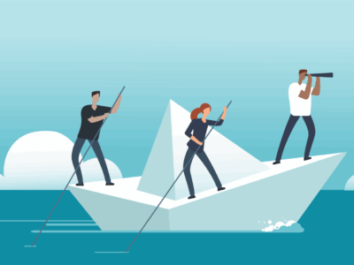 Illustration of people navigating a paper boat