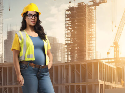 Composite rendering of pregnant woman in safety gear on construction site