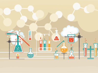 Illustration of lab beakers and chemicals