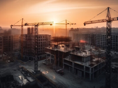 Building under construction with sun setting in background