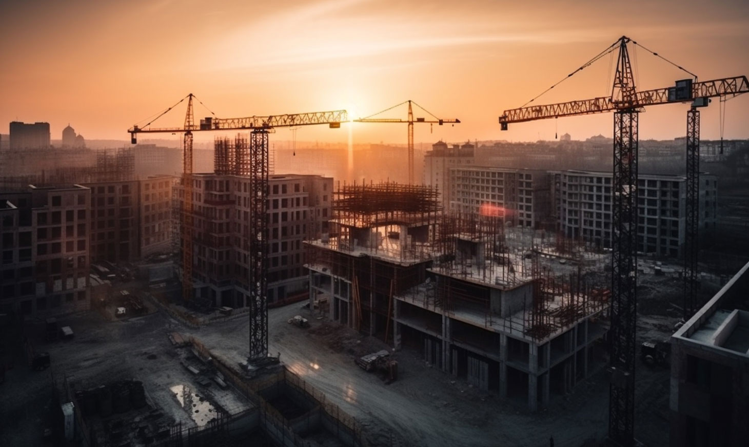 Building under construction with sun setting in background