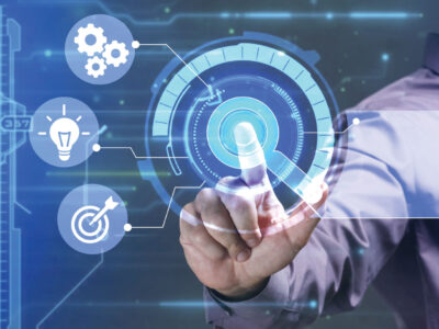 Person touching virtual display hub