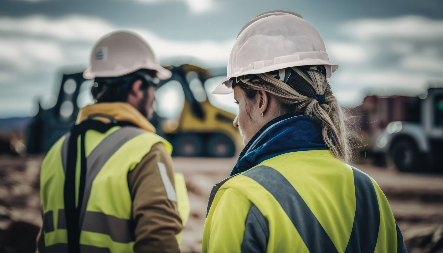 Two construction supervisors with backs turned overseeing worksite