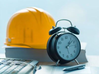Alarm clock, yellow hard hat, pen and keyboard on desk