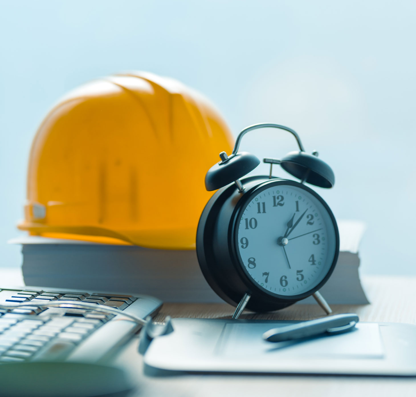 Alarm clock, yellow hard hat, pen and keyboard on desk