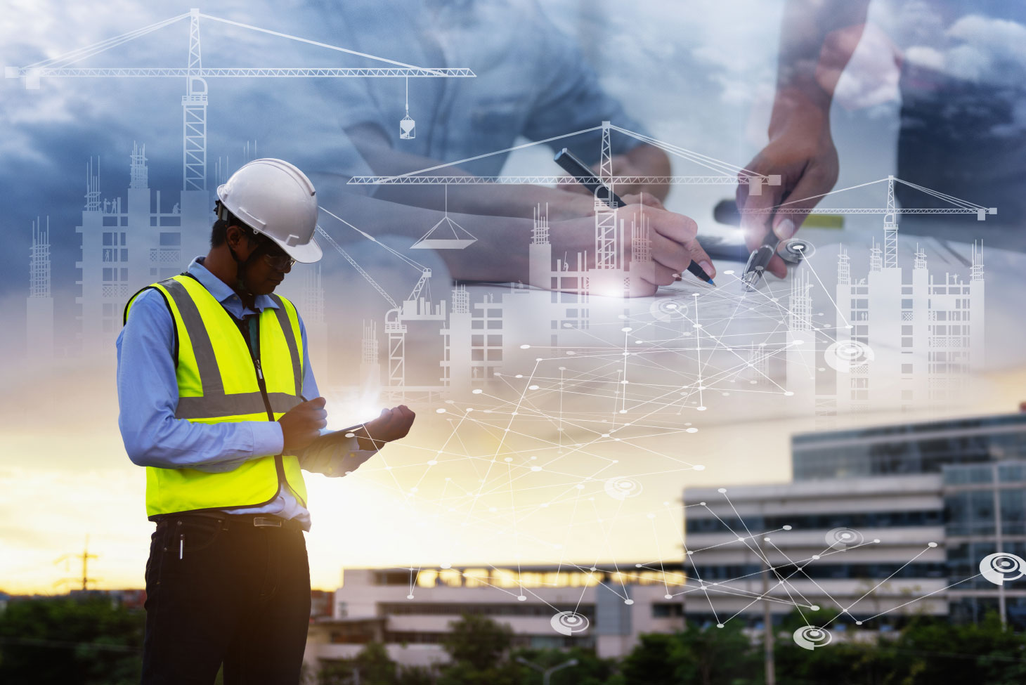 Photo montage of construction worker with diagrams and illustrations in background