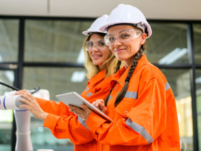 Two women wearing PPE equipment, smiling