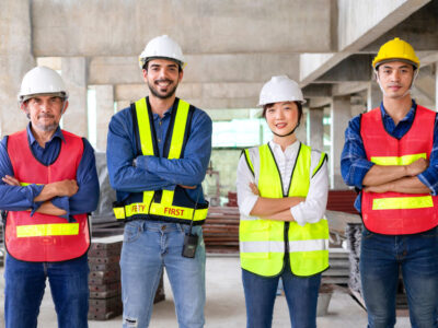 Small, diverse group of construction workers smiling for photo