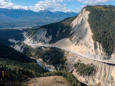 Aerial view of Kicking Horse Canyon and mountainside