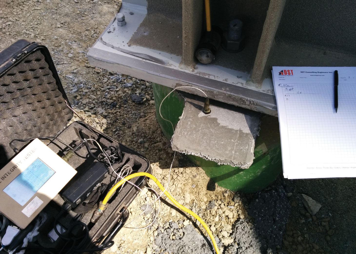Pile integrity testing equipment on jobsite