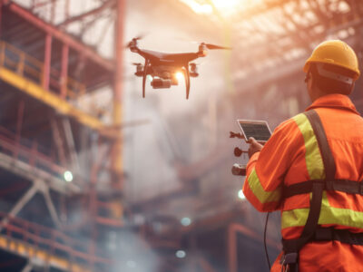 Construction worker operating drone