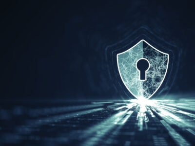 Shield With Keyhole icon on digital data background