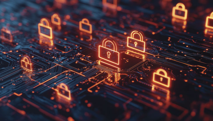 Digital background with glowing padlock icons on circuit board for cybersecurity and data protection