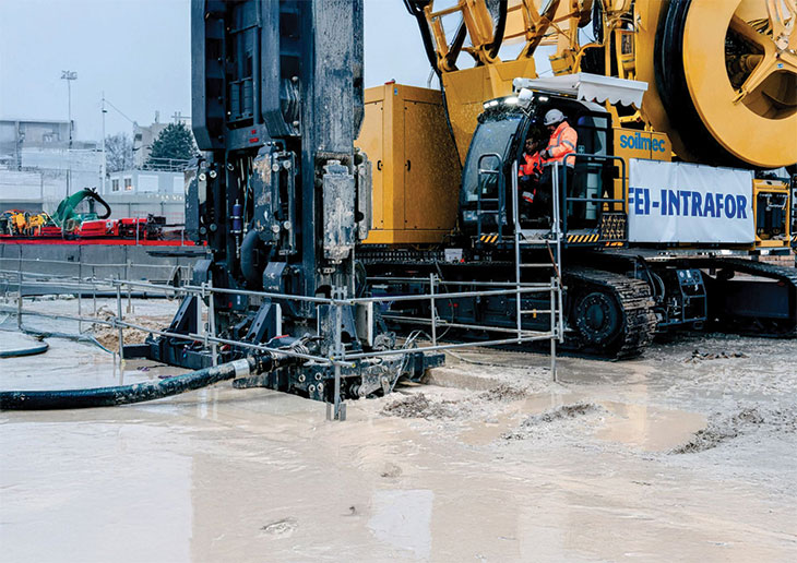 Closeup of operater in cockpit of Soilmec SC-110 Urban