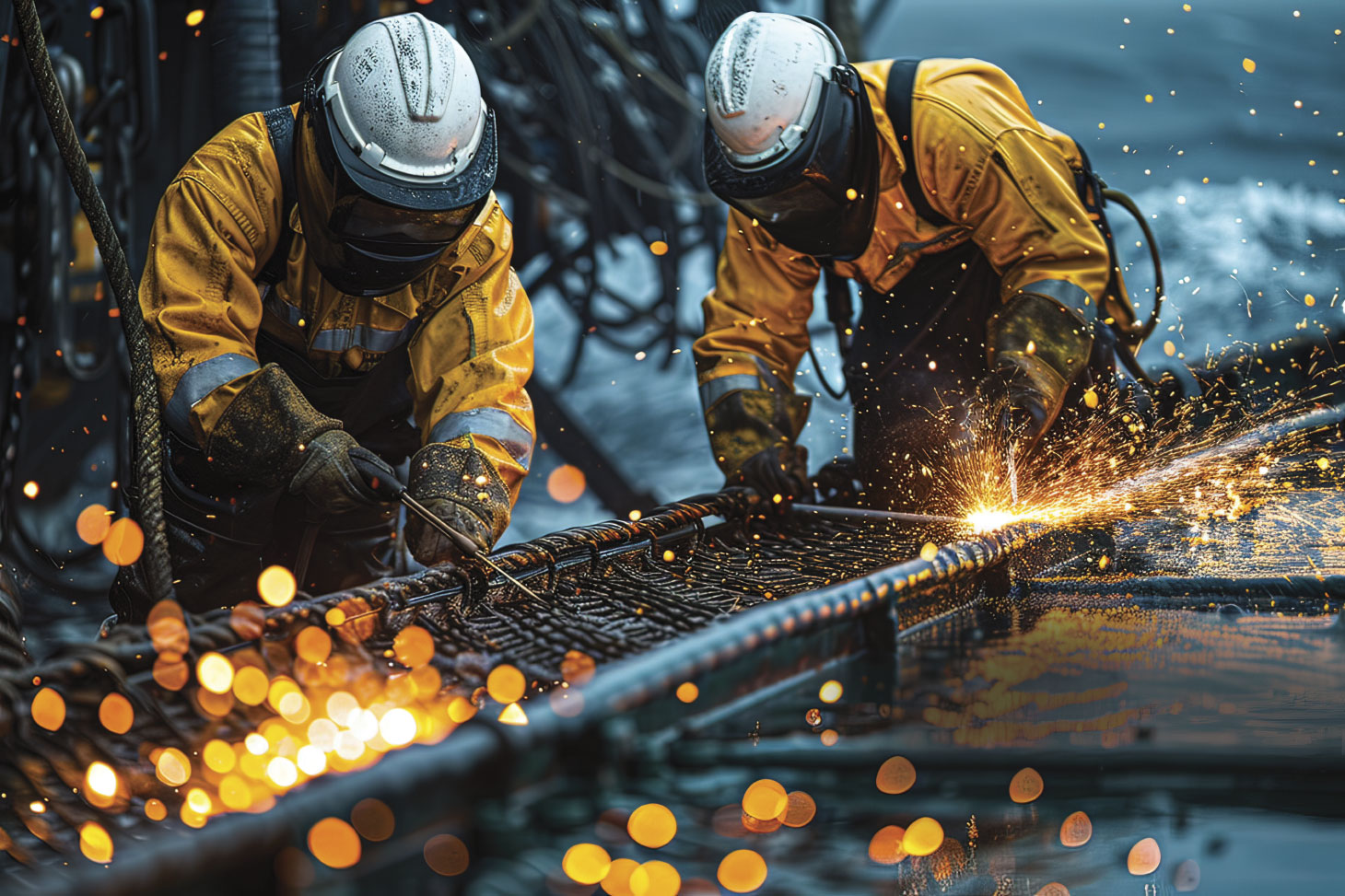 Industrial workers are welding steel structure at construction site with sparks flying