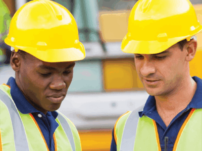 Two men in yellow hardhats