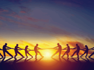 Illustration of silhouettes playing tug-of-war with rising or setting sun in background