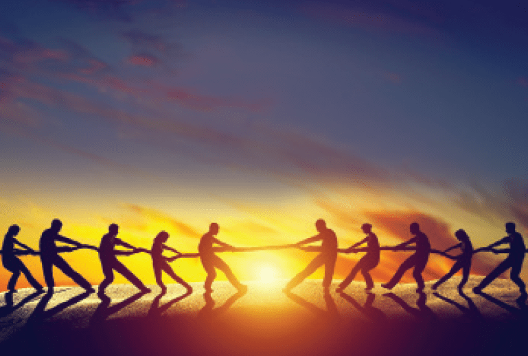Illustration of silhouettes playing tug-of-war with rising or setting sun in background
