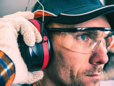 Man wearing protective hearing, gloves, and eyewear