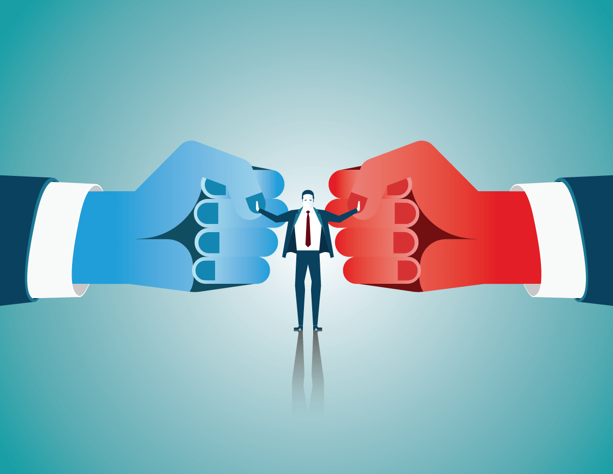 Illustration of miniature man with arms outstretched between a giant blue fist and a giant red fist