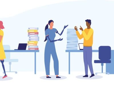 Illustration of man in wheelchair, woman in wheelchair and man in medical uniform, nurse with stethoscope talking with patient