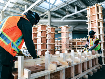 Two constructions workers on job in high-vis vests and hard hats