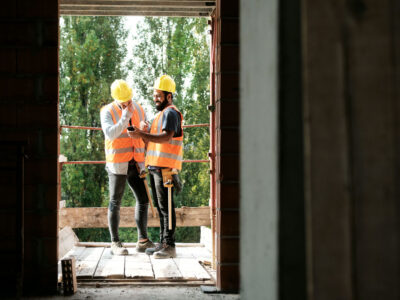 Two construction workers, having a laugh