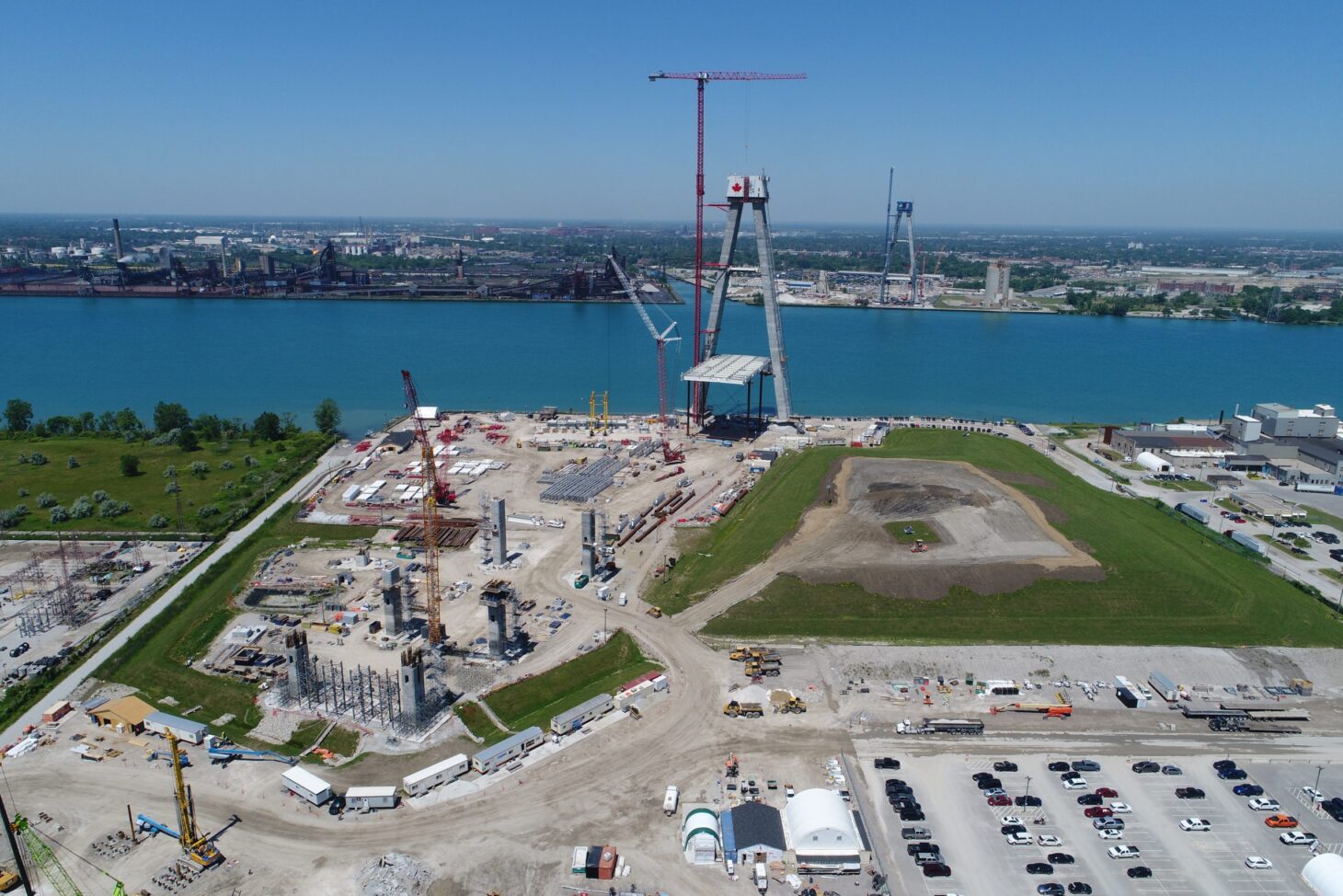 Aerial view of Gordie Howe International Bridge construction project