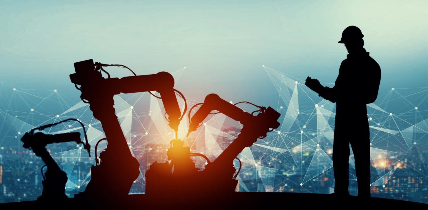 Digital illustration of automated machinery working on equipment with man in construction gear monitoring a tablet