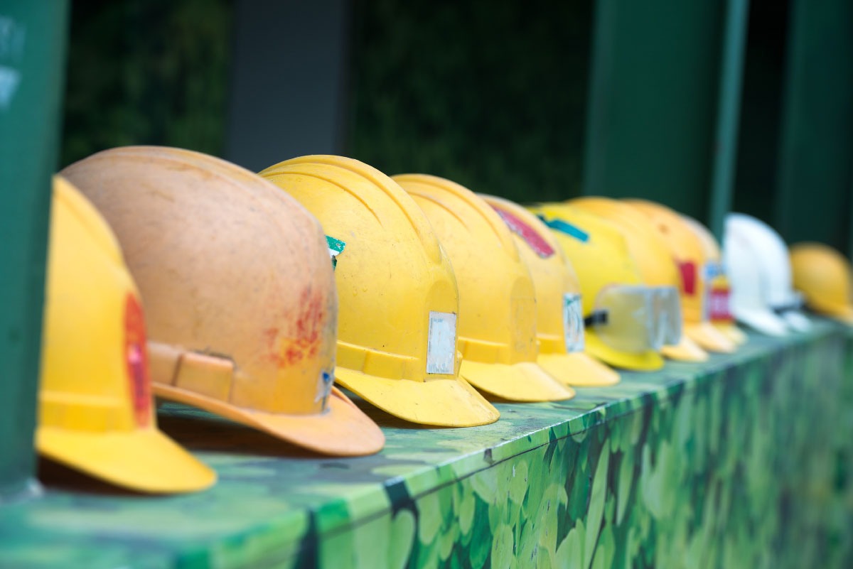 Hardhats lined up in a row.