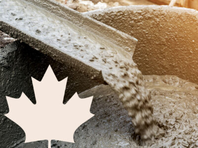 Canadian Maple Leap superimposed over photo of cement being poured