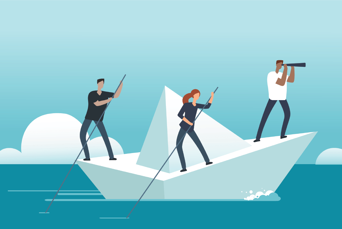 Illustration of people navigating a paper boat