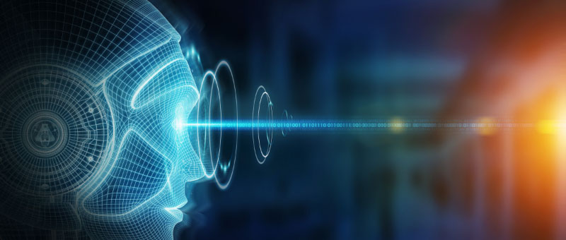 Simulated image of robotic wireframe of person looking ahead.