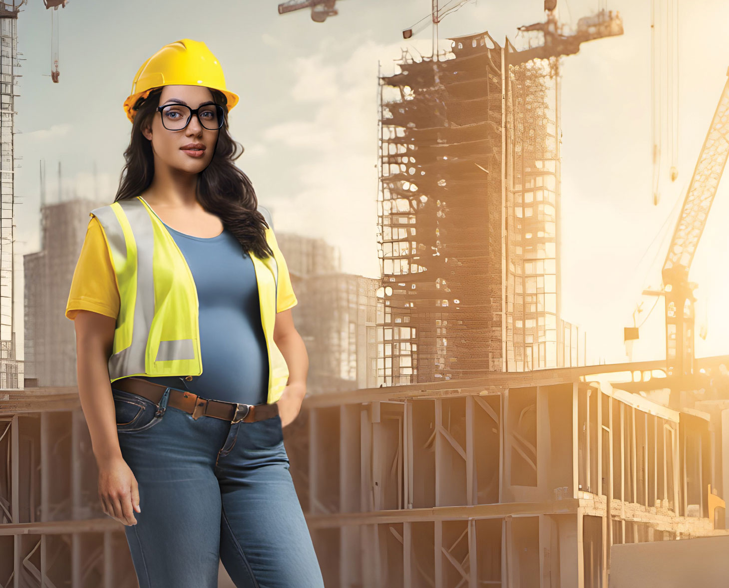 Composite rendering of pregnant woman in safety gear on construction site