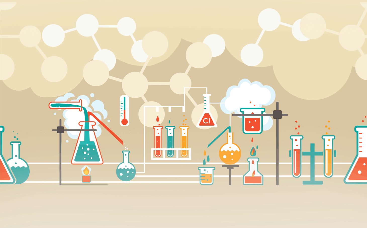 Illustration of lab beakers and chemicals