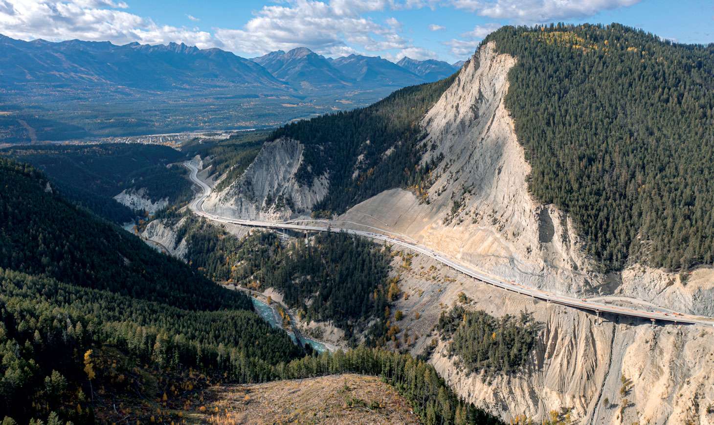 Aerial view of Kicking Horse Canyon and mountainside
