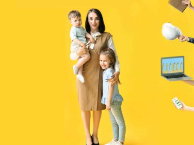 Illustration of mother with kids surrounded by work distractions