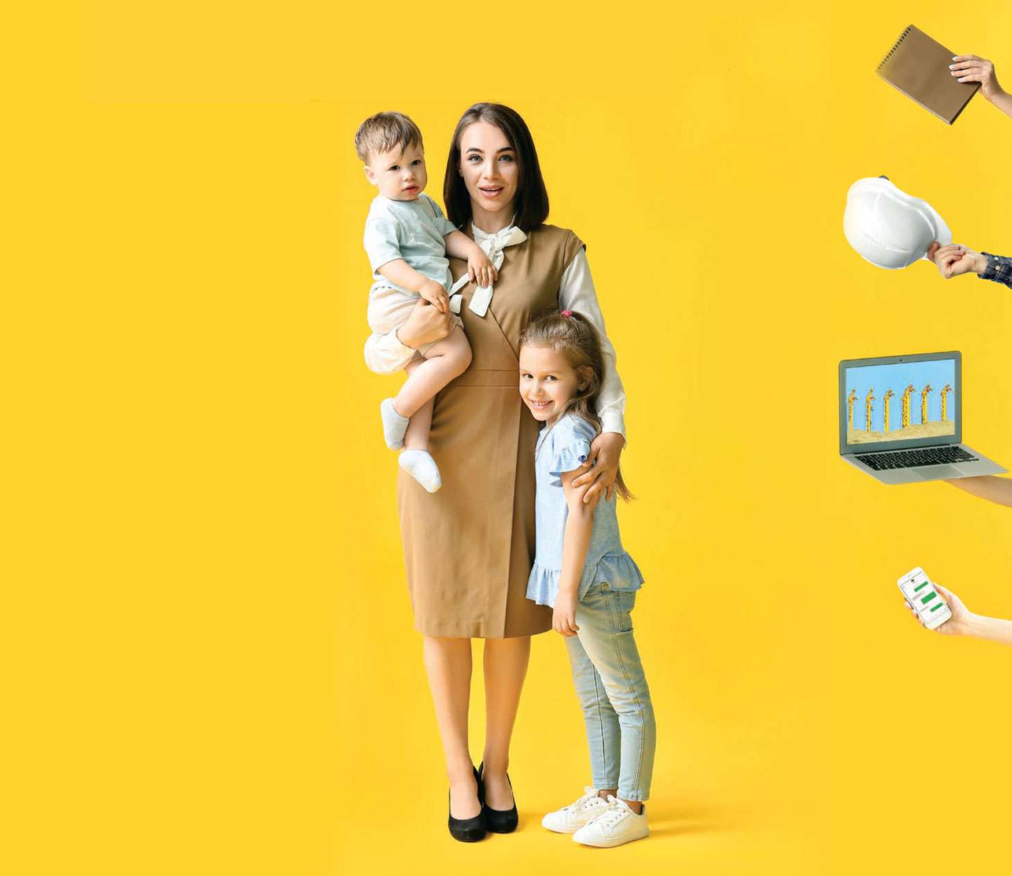 Illustration of mother with kids surrounded by work distractions
