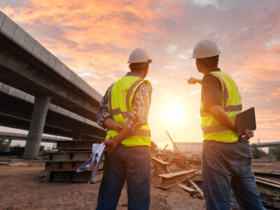 Two construction workers onsite, with sun setting in background