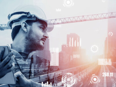 Digital illustration of construction manager holding tablet with a crane towering in the background