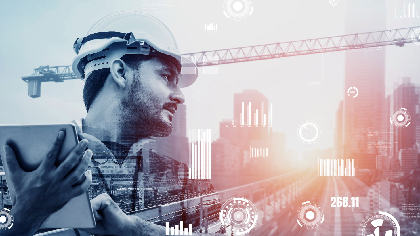 Digital illustration of construction manager holding tablet with a crane towering in the background