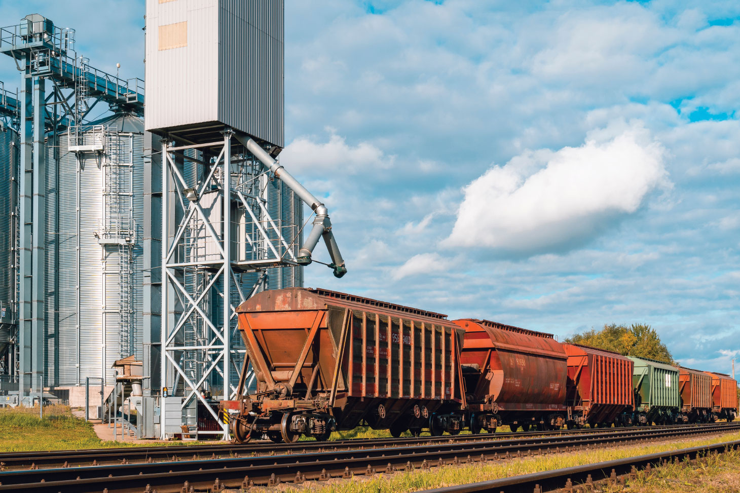 Freight train flanked by towering silos under a sunny sky