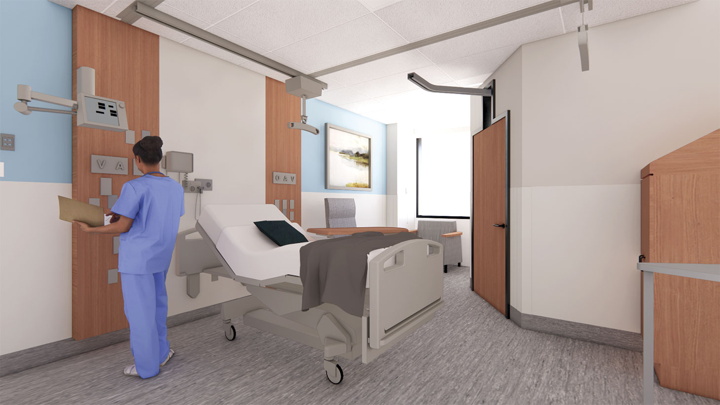 Rendering of inpatient care room