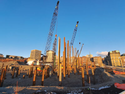 Installed piles jutting out of ground