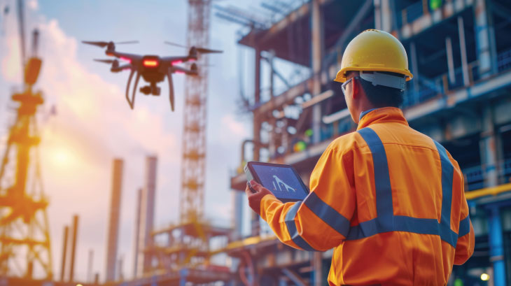 Construction worker operating drone