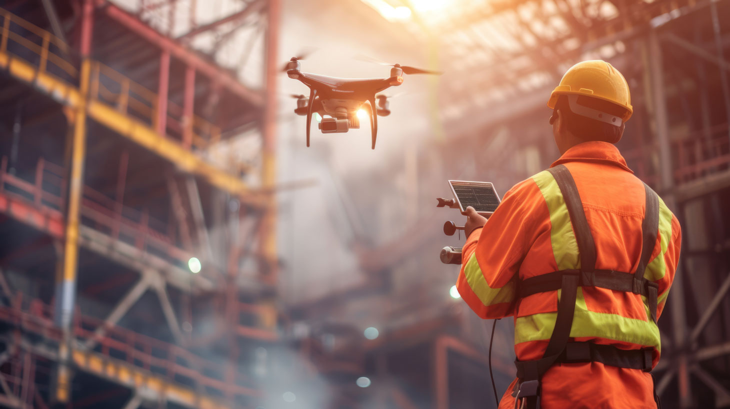 Construction worker operating drone